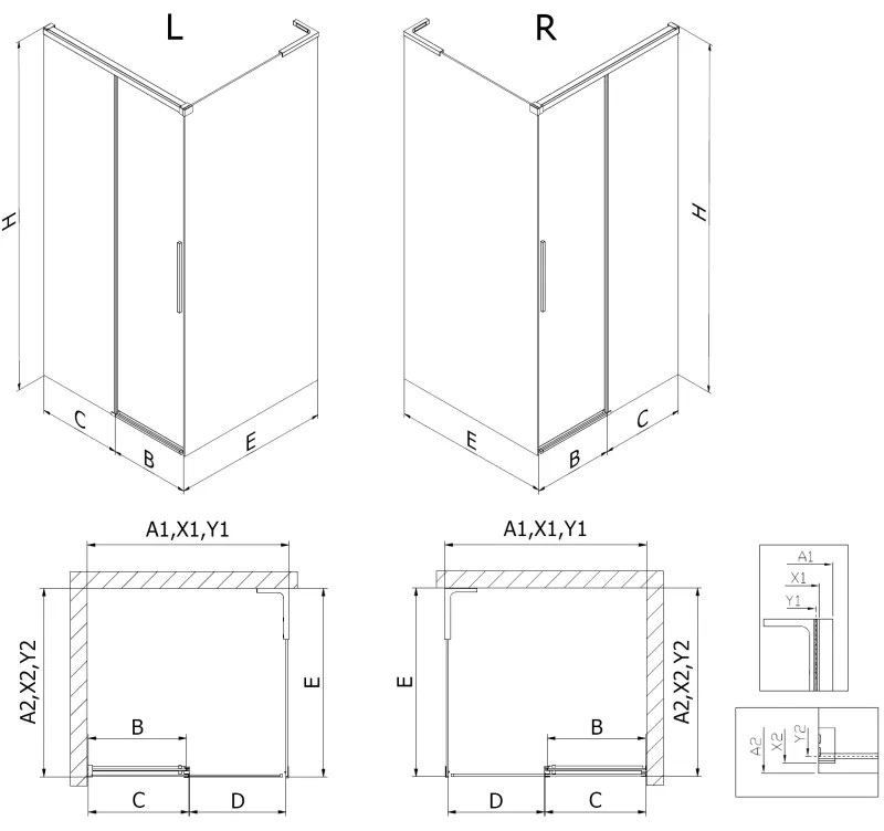 Mexen Rox, L posuvný sprchový kút 100 x 70 cm, 8mm číre sklo, oceľový profil, 8C2L-100-070-97-00