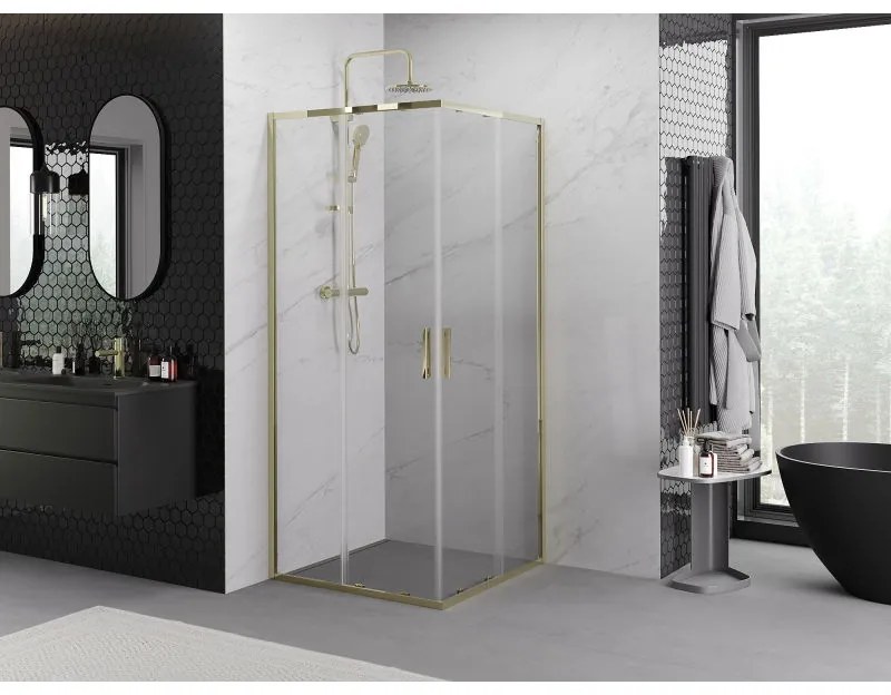 Mexen Exo, posuvný štvorcový sprchový kút 80 x 80 cm, číre sklo, zlatá, 8111-080-080-50-00