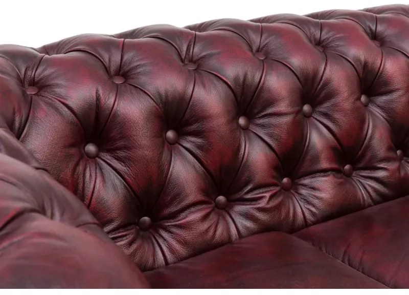furniture-nabytek.cz - Masívna Chesterfield pohovka, pravá koža, starožitná červená – 352×100×72 cm