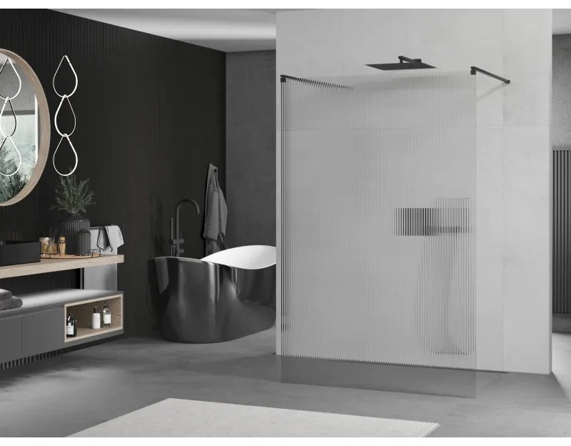 Mexen Kioto, sprchová zástena Walk-In 140 x 200 cm, 8mm sklo s rebrovým vzorom, čierny profil, 800-140-002-70-09