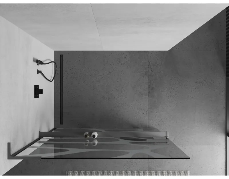Mexen Kioto+ L, sprchová zástena Walk-In s poličkou a vešiakom 120 x 200 cm, 8mm číre sklo biely vzor, grafitový profil, 800-120-123-95-97