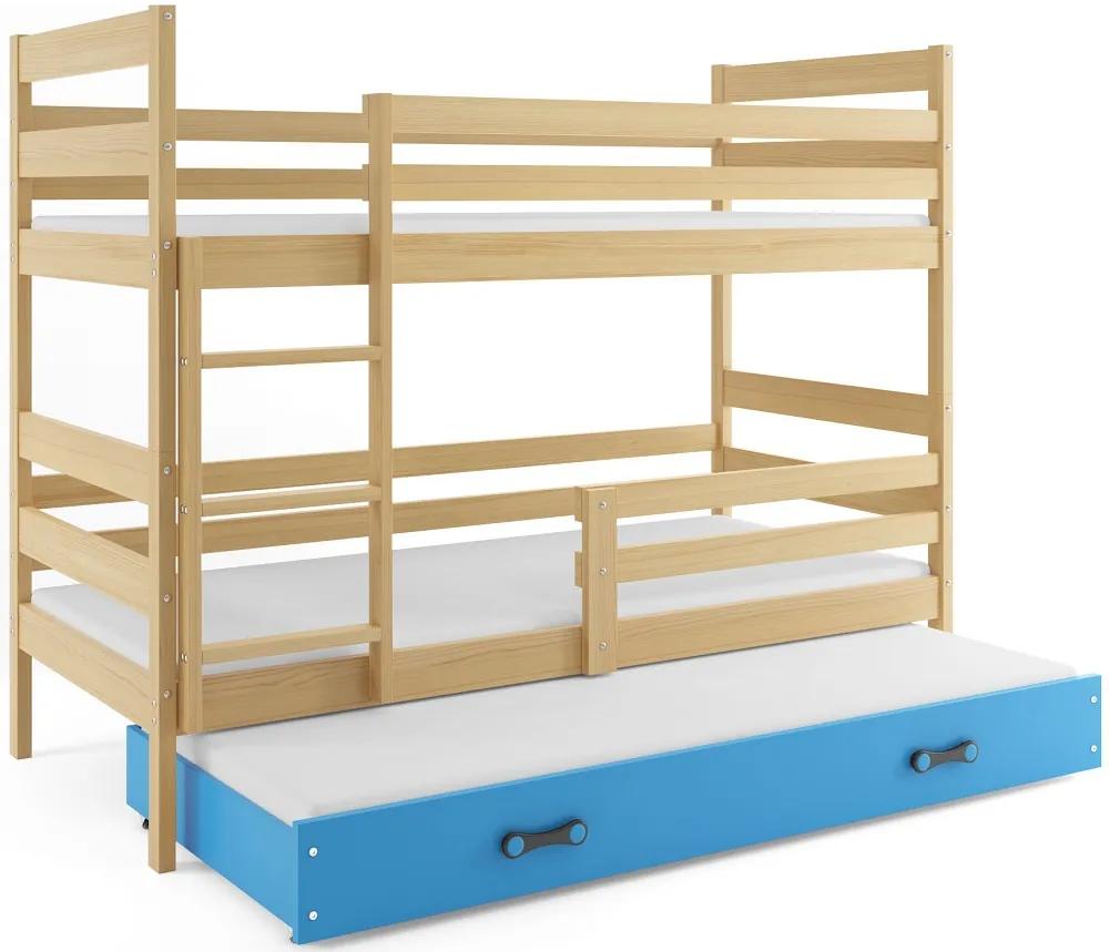 Poschodová posteľ s prístelkou - ERIK 3 - 190x80cm Borovica - Modrý