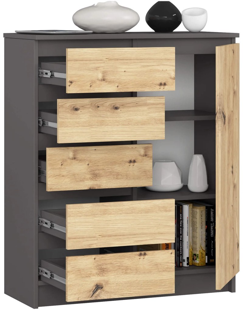 Komoda JERRY 80 cm 1 dvere 5 zásuviek grafitová/dub artisan