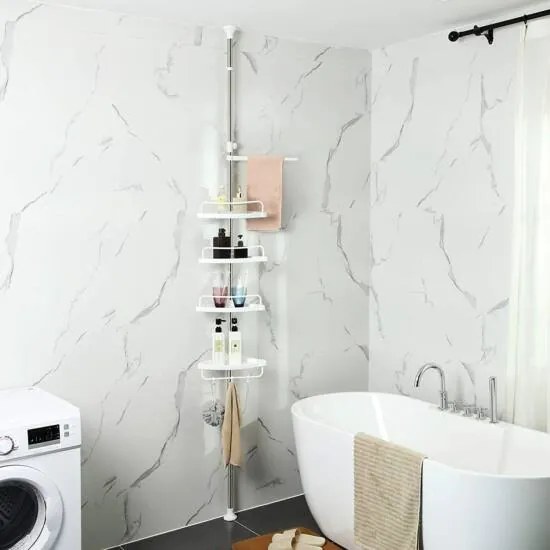 Nastaviteľná kúpeľňová rohová polica, teleskopická sprchová polica, 95-300 cm, biela