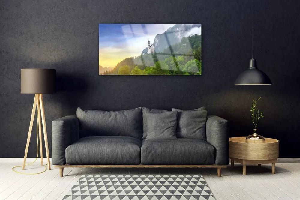 Skleneny obraz Zámok v horách les príroda 140x70 cm