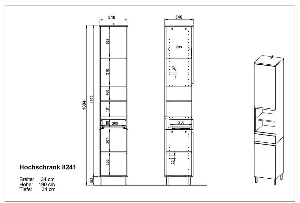 Tmavosivá vysoká kúpeľňová skrinka v dekore duba 34x190 cm Salinas - Germania