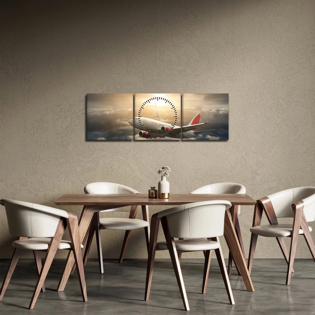 Obraz - Lietadlo v oblakoch (s hodinami) (90x30 cm)