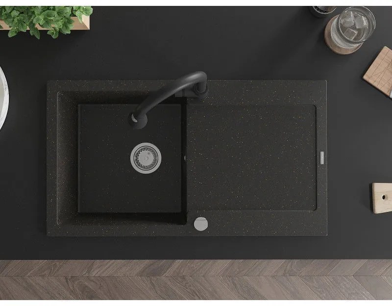 Mexen Leo, 1-komorový granitový drez 900x500x190 mm a drezová batéria Elia, čierna-zlatá metalíza, 6501-75-670101-70