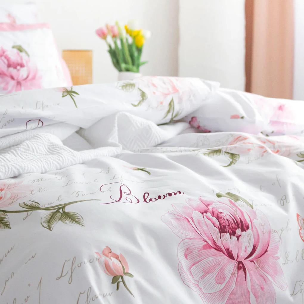 Goldea bavlnené posteľné obliečky - pivonky s textami 140 x 200 a 70 x 90 cm