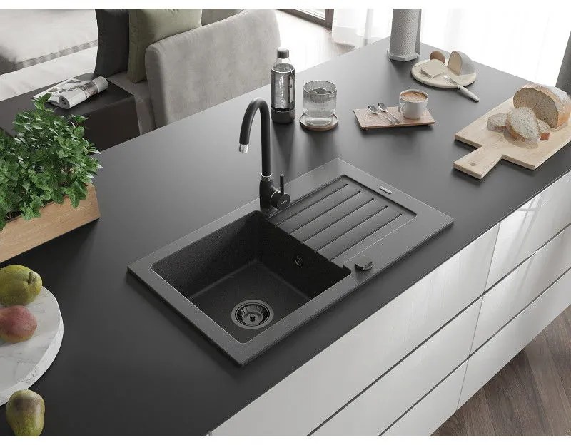 Mexen Pablo, granitový drez 752x436x161 mm, 1-komorový, čierna-škvrny s čiernym sifónom, 6510751010-76-B