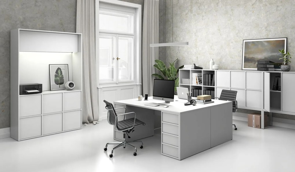 Kancelárska skriňa FRAME, nízka, 3 dvere, 1299 x 450 x 881 mm, PUSH-lock, biela