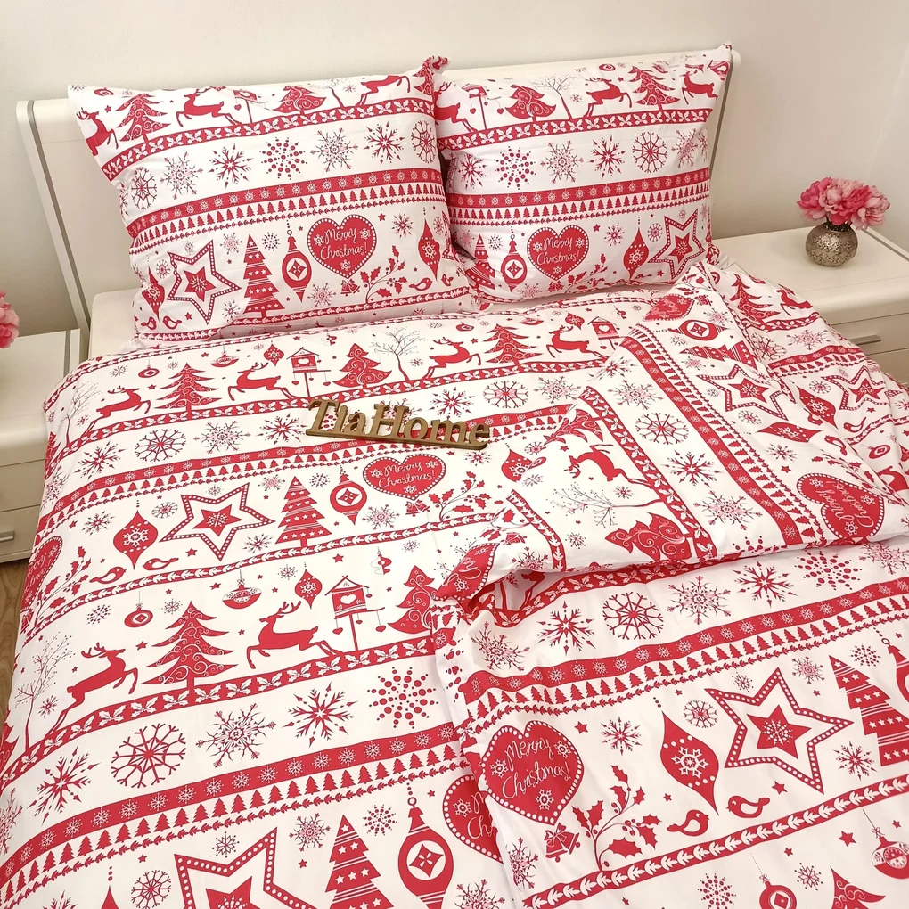 Obliečky bavlnené Vianočné obliečky Christmas červené TiaHome - 1x Vankúš 90x70cm, 1x Paplón 140x200cm