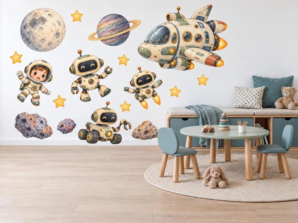 Veselí roboti a malý kozmonaut pastelové vesmírne nálepky na stenu do detskej izby arch 46 x 34 cm