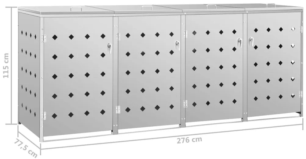 Prístrešok na štvoritý odpadkový kôš nehrdzavejúca oceľ 240 l