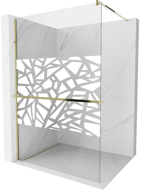 Mexen Kioto+, sprchová zástena s poličkou a držiakom na uteráky 110 x 200 cm, 8mm číre sklo vzor biely, zlatý profil 800-110-121-50-85