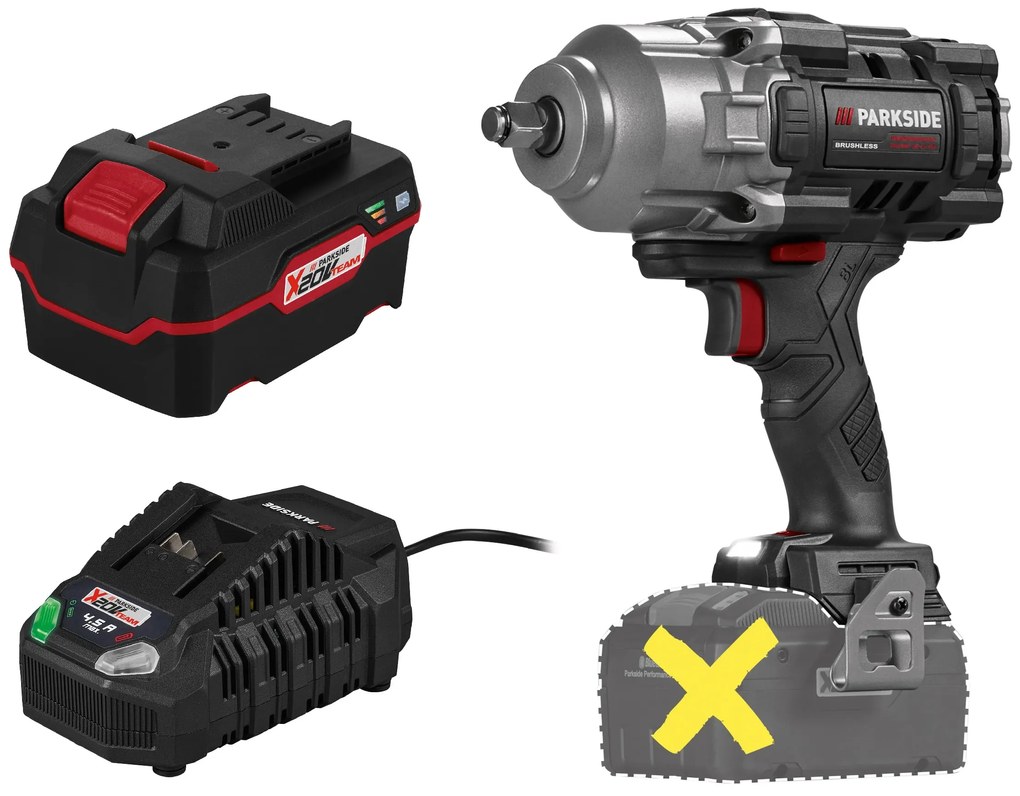 Parkside Performance®  Aku rázový uťahovák 20 V Passp 20-Li C4 + Akumulátor 20 V/4 Ah + Rýchlonabíjačka 20 V/4,5 A  (800011863)