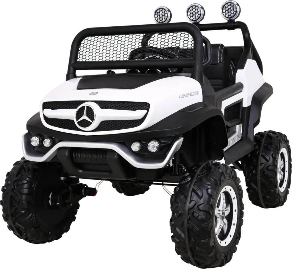 Ramiz Mercedes Benz Unimog pre deti biely + pohon 4x4 + diaľkové ovládanie + nosič batožiny + pomalý štart + MP3 LED