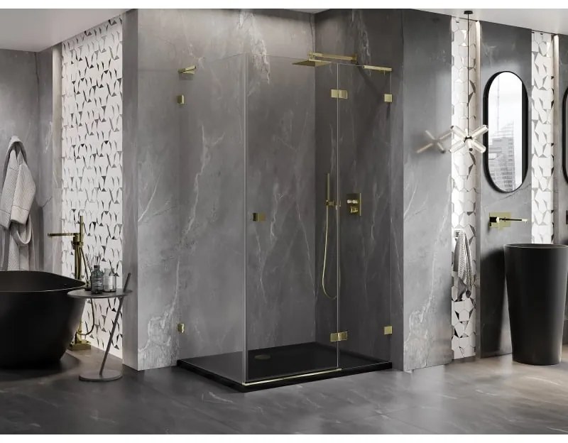 Mexen Lunar, L pravý výklopný sprchový kút 75 x 70 cm, 8mm číre sklo, zlatý profil, 834L-075-070-50-00-P