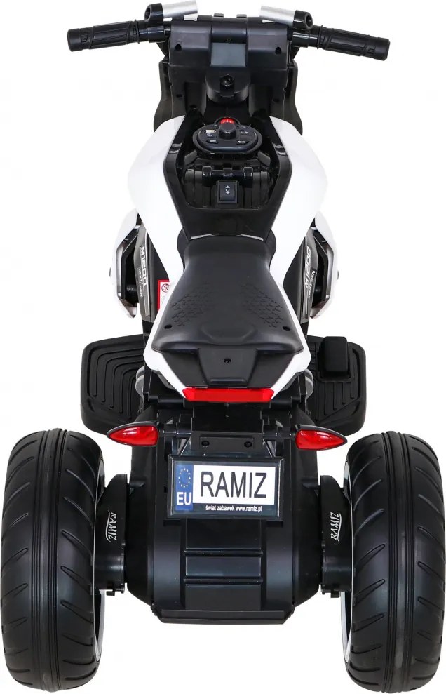 Ramiz Detský motocykel Future na batérie biely + audio panel + pomalý štart + EVA kolesá