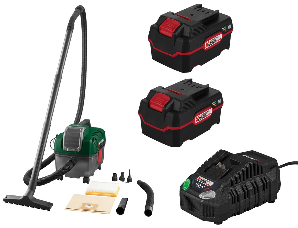 Parkside® Aku vysávač na mokré a suché vysávanie Pawd 20-Li A1 + Akumulátor 20 V/4 Ah, 2 kusy + Nabíjačka akumulátora 20 V/4,5 A (800010565)