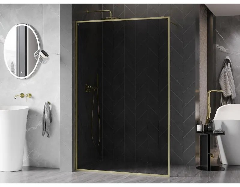Mexen Kioto-F, sprchová zástena s rámom 130 x 202 cm, 8 mm šedé sklo, zlatý matný profil, 800-130-104-55-40