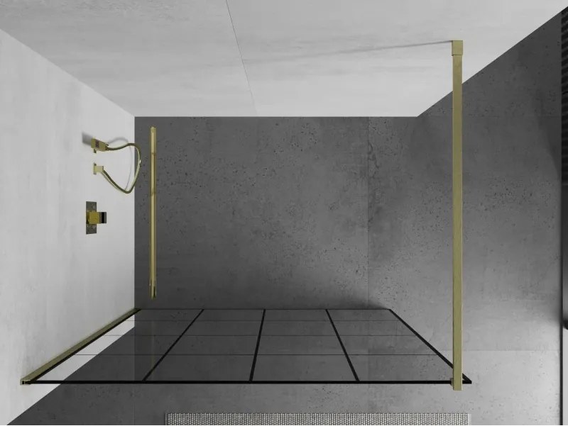 Mexen Kioto, sprchová zástena Walk-In 130 x 200 cm, 8mm číre sklo čierny vzor, zlatý matný profil, 800-130-101-55-77