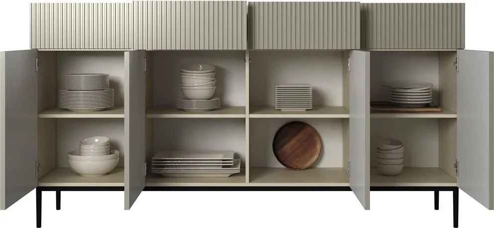 Komoda Nicole 200 cm so štyrmi dverami a zásuvkami s ryhovaným čelom - kasmír / čierne nožičky