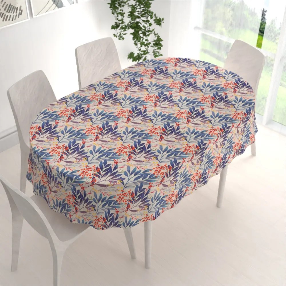 Biante Dekoračný oválny obrus PML-067 Modré listy na krémovom 120x140 cm