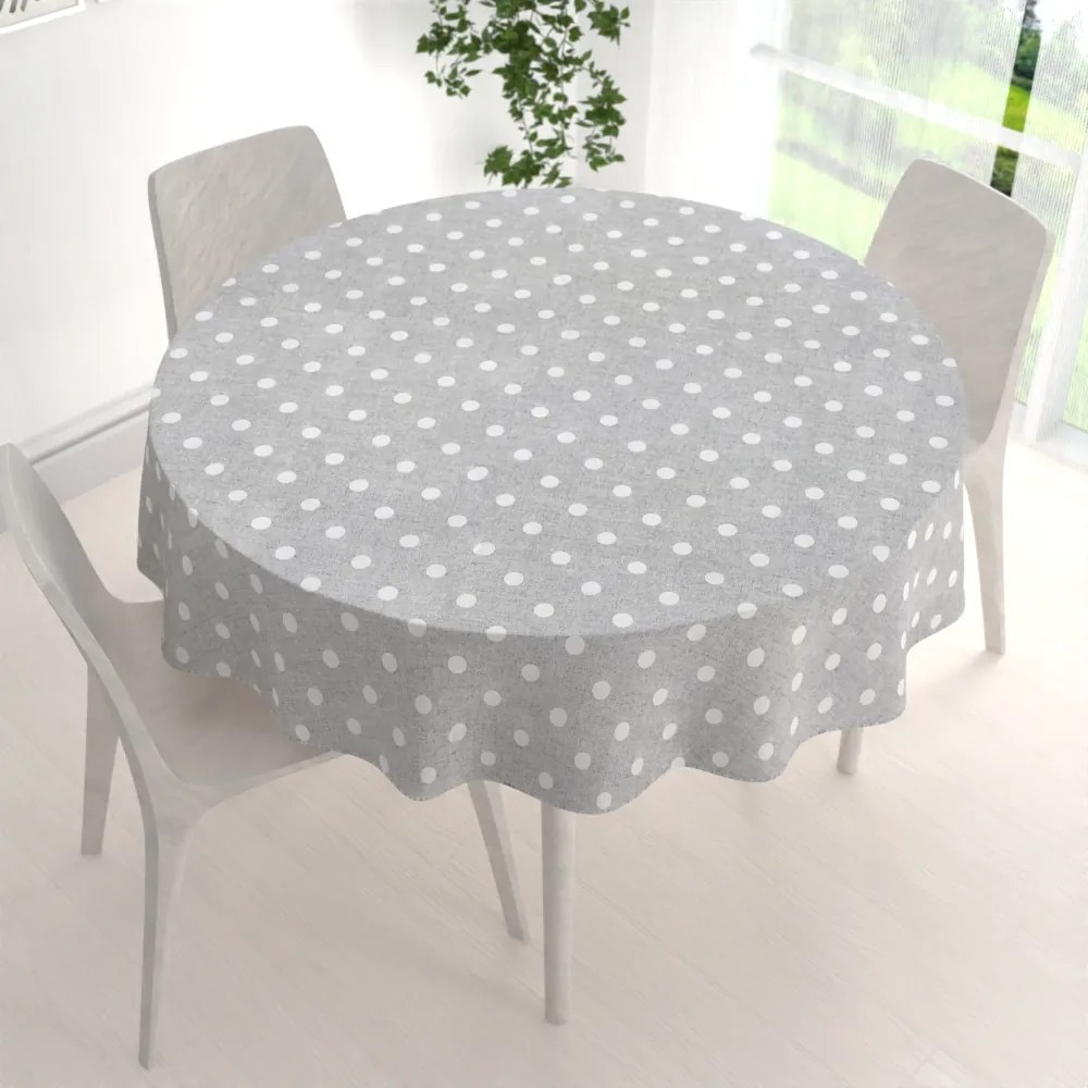 Biante Dekoračný okrúhly obrus Porto PRT-018 Biele bodky na sivom režnom Ø 100 cm