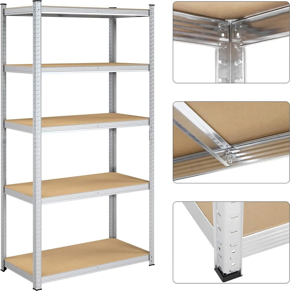 5-úrovňový garážový regál s vysokou nosnosťou, strieborný