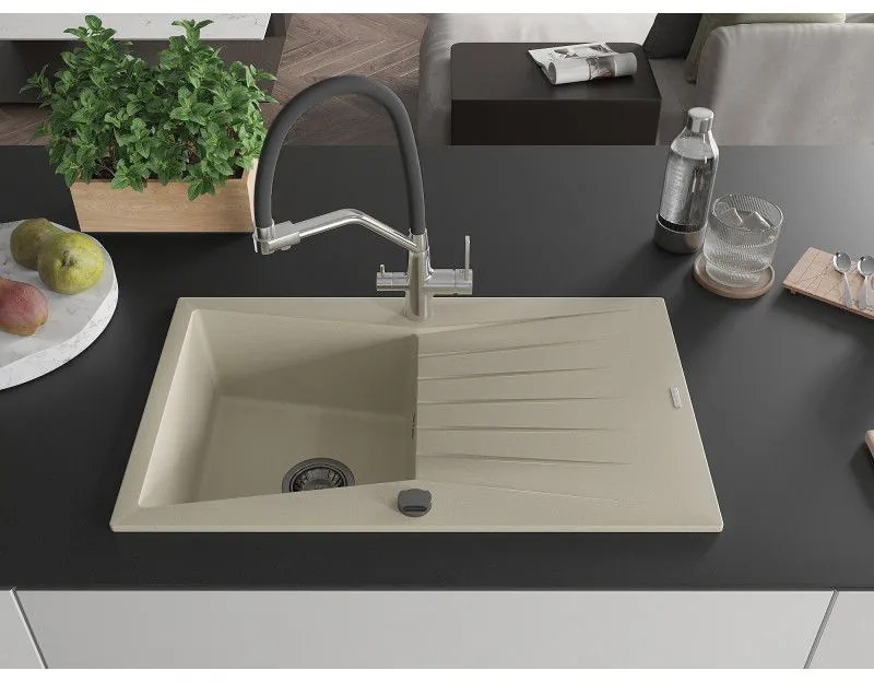 Mexen Cesar, 1-komorový granitový drez 775x470x190 mm a drezová batéria Duo, béžová, 6514-69-671701-07-B