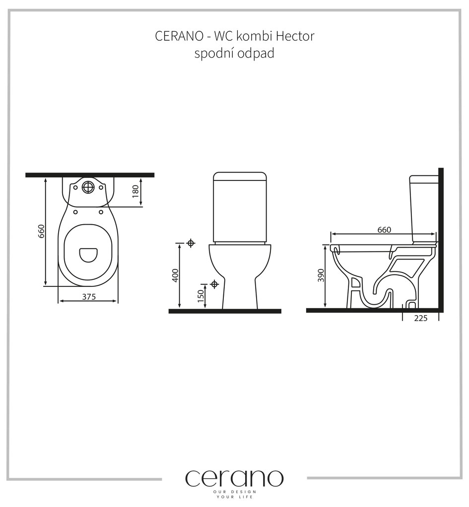 Cerano Hector, WC kombi Rimless 66x37,5 cm, zadný odpad, biela lesklá, CER-CER-403404