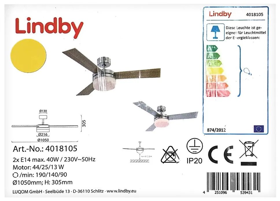 Lindby Lindby - Stropný ventilátor ALVIN 2xE14/40W/230V LW1127