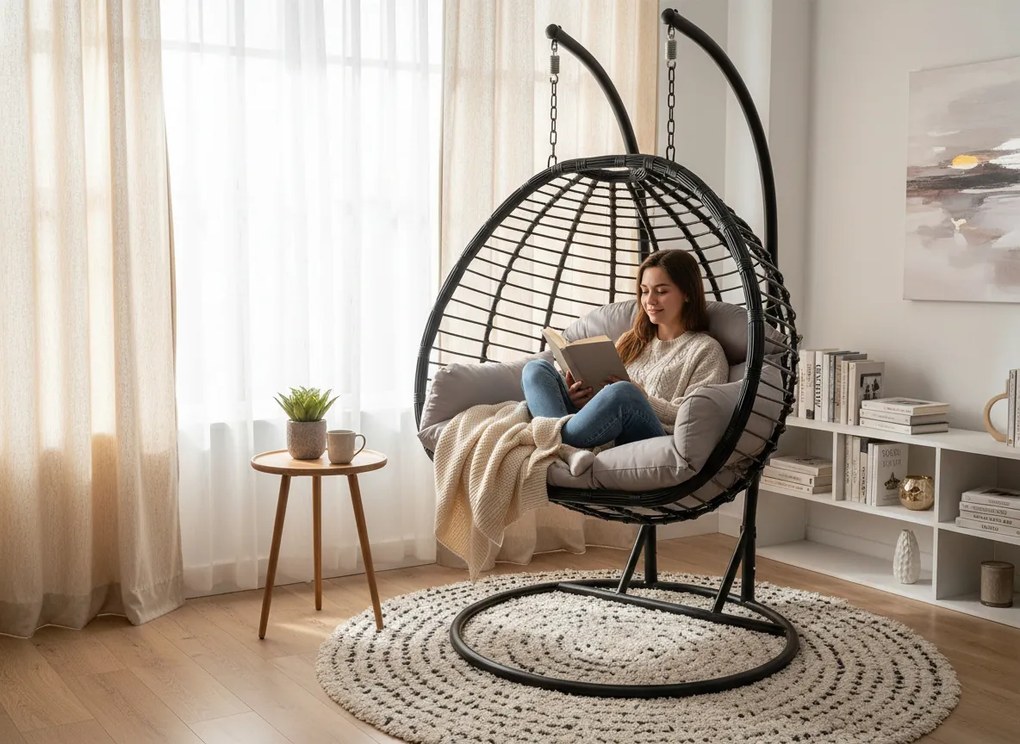 CH GASPAR DVOJMEDZINÁVODNÁ ZÁVESNÁ STOLIČKA – ŠEDÁ, ŠEDÝ VANKÚŠ, TMAVOSÉRY RÁM