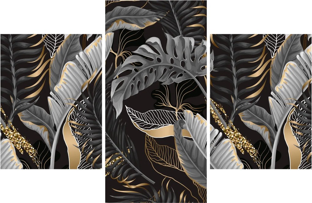 Obraz - Tropické listy v čierno-zlatej (90x60 cm)