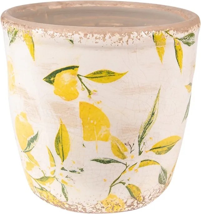 Béžový keramický obal na kvetináč s citrónmi - Ø 13*12 cm