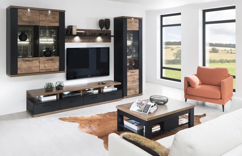 Vysoká vitrína Boston, čierna/dub ribbeck, s osvetlením, pravá