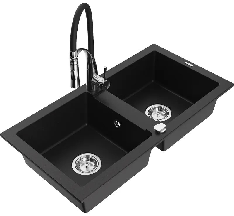 Mexen Mario, granitový drez 820x436x161 mm, 2-komorový a drezová batéria Aster, čierna, 6504-77-73450-07