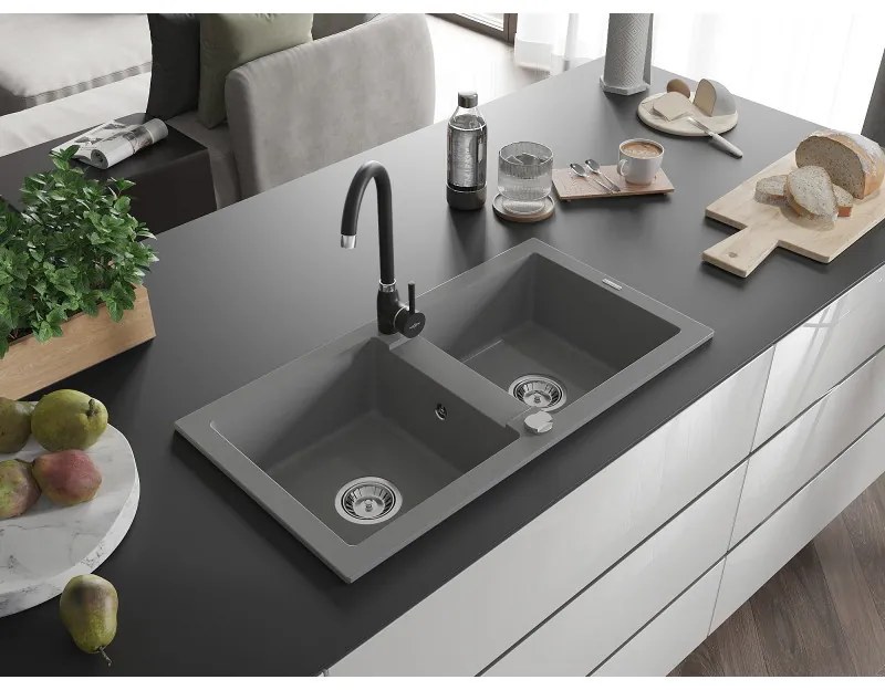 Mexen Mario, 2-komorový granitový drez 820x436x161 mm a čierna drezová batéria Telma, šedá, 6504-71-670200-70
