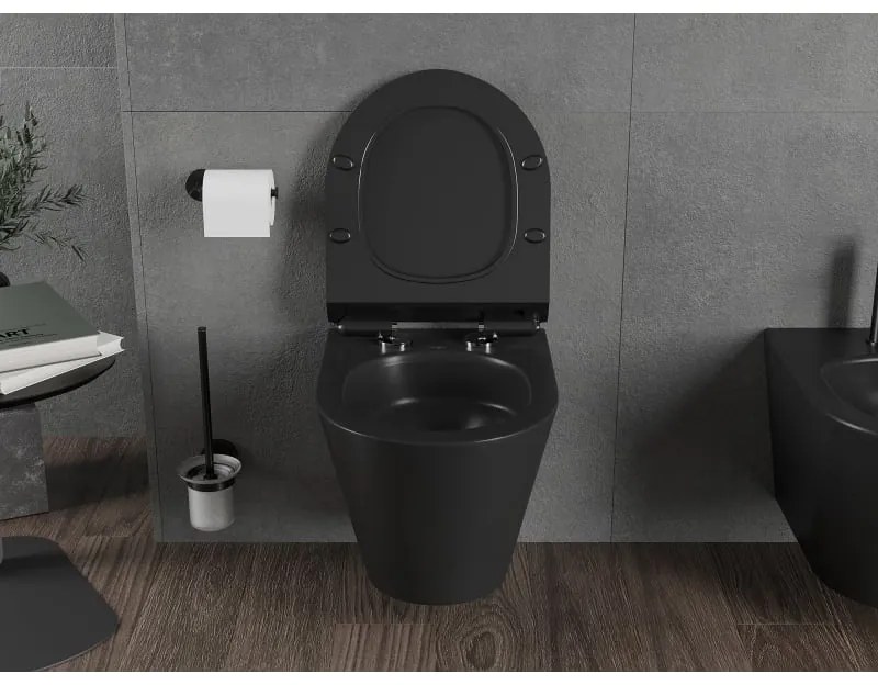 Mexen Rico, závesná WC misa 490x360x370 mm, Rimless Tornádo + WC sedadlo z duroplastu, čierna matná, 30720185T