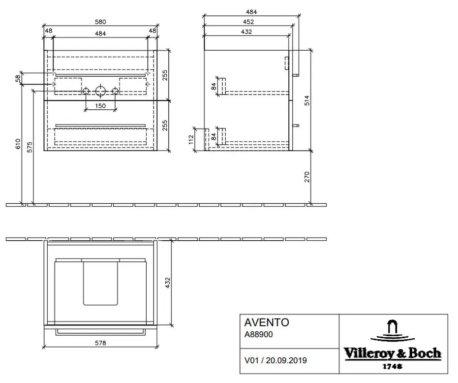 Villeroy & Boch AVENTO : spodná skrinka 580x514x452mm, 2 výsuvné diely, Arizona Oak, A88900VH