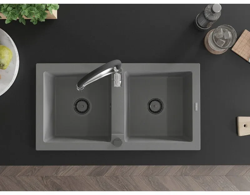 Mexen Mario, granitový drez 820x436x161 mm, 2-komorový a drezová batéria Aster, šedá, 6504-71-73450-07-B
