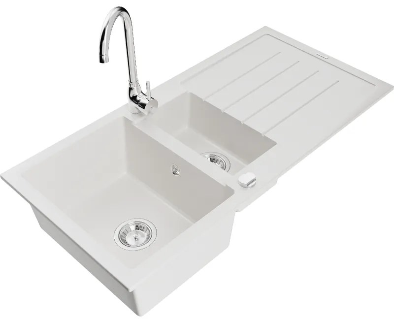 Mexen Andres 1,5-komorový granitový kuchynský drez s odkvapkávačom 100x50 cm a kuchynská batéria Telma, biela, 6515-20-670200-00