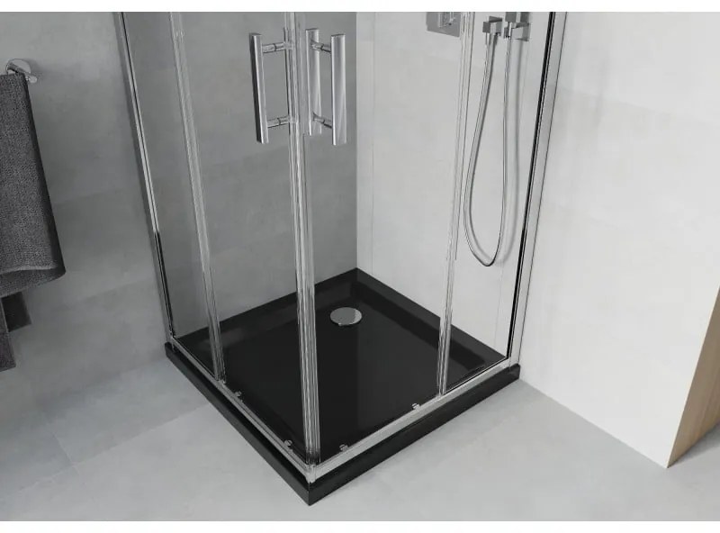 Mexen Rio, štvorcový sprchovací kút s posuvnými dverami 70(dvere) x 70(dvere) x 190 cm, 6mm číre sklo, chrómový profil + čierna sprchová vanička SLIM, 860-070-070-01-00-4070