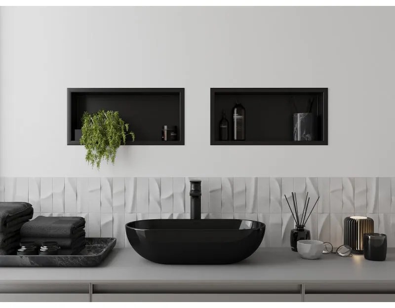 Mexen X-Wall-R, polička na zapustenie na obklad s golierom 45 x 20 cm, čierna matná, 1970452010