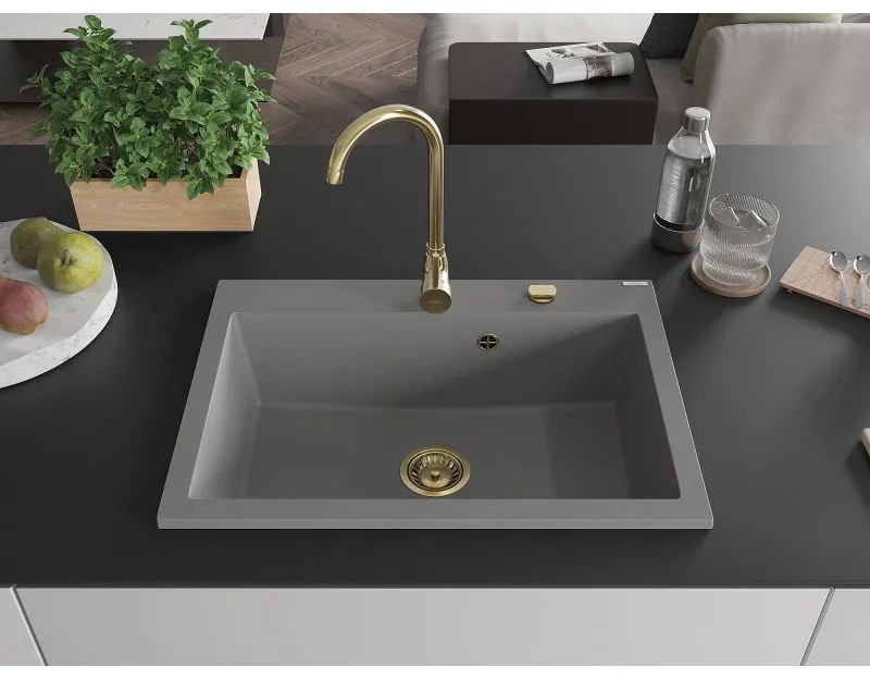 Mexen Elix, 1-korový granitový drez 700 x 500 mm, šedá, zlatý sifón, 6526701005-71-G