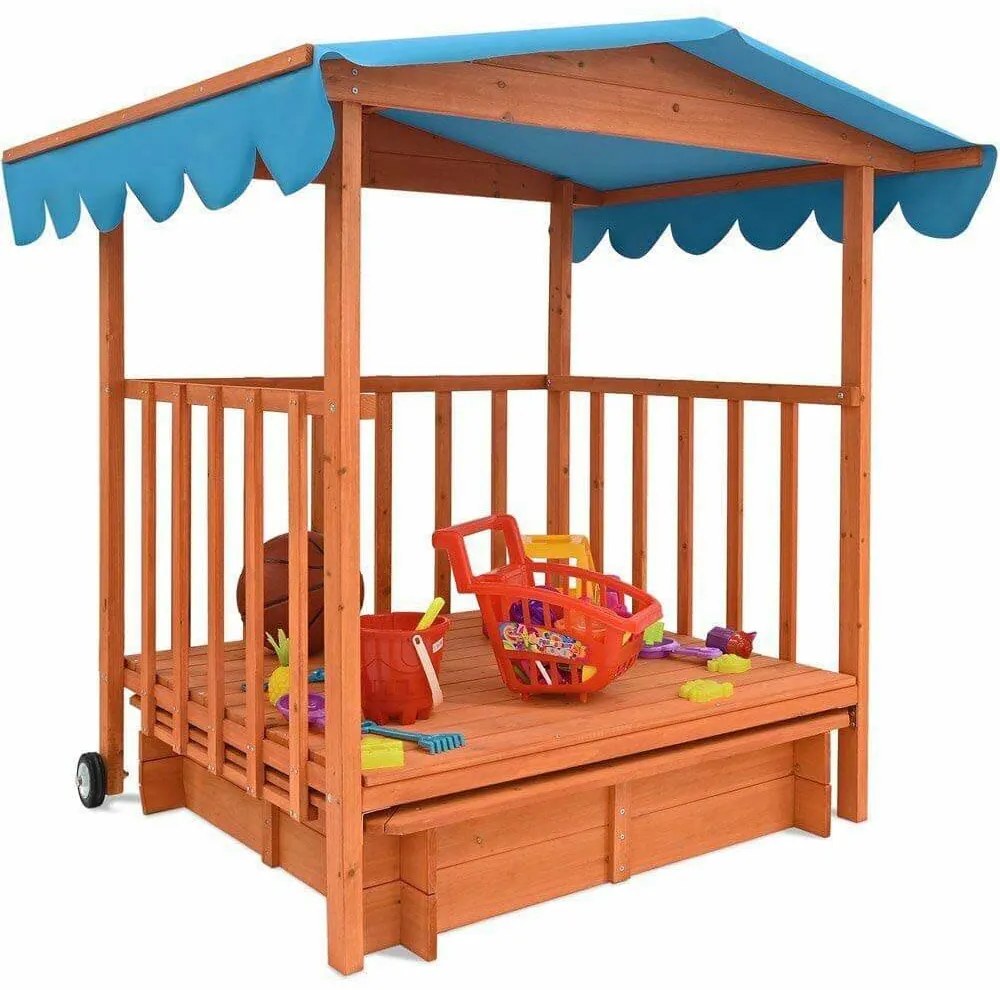 Drevený záhradný domček a pieskovisko so strechou