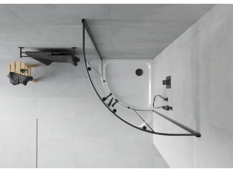 Mexen Rio, štvrťkruhový sprchovací kút s posuvnými dverami 90 x 90 cm, 6mm číre sklo, čierny profil + biela sprchová vanička, 863-090-090-70-00-4110B