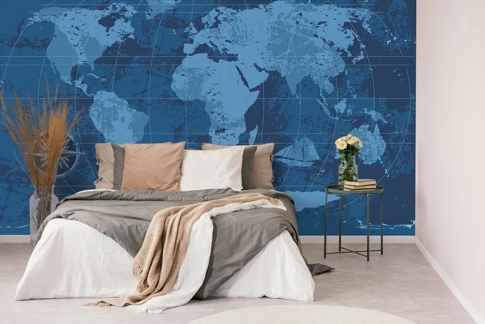 Samolepiaca tapeta rustikálna mapa sveta v modrej farbe - 150x100