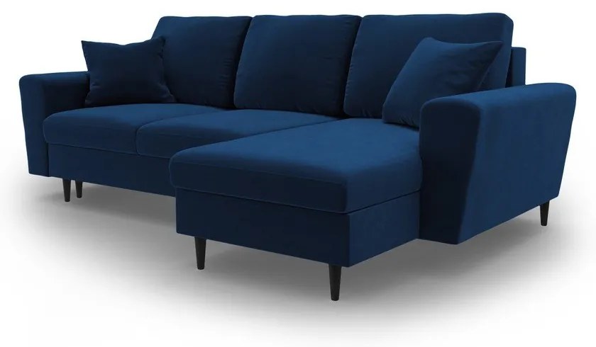 Modrá zamatová rozkladacia/s úložným priestorom rohová pohovka Kyoto – Cosmopolitan Design